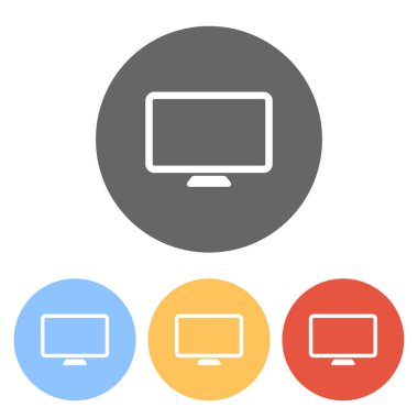Bilgisayar monitörü veya modern Tv. basit simgesi. Renkli daireler üzerinde beyaz simgeler kümesi
