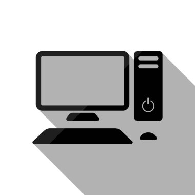 Kişisel bilgisayar, pc. Sistem birimi, monitör, klavye ve fare. Uzun gölge beyaz arka planda siyah nesnesiyle