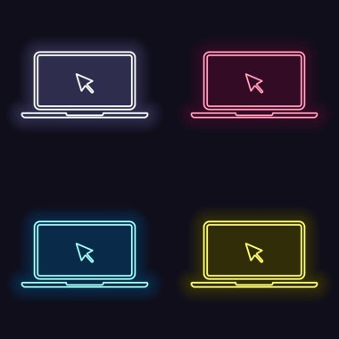 Laptop ya da defter ile ok üstünde perde. Neon işareti kümesi. Koyu arka plan üzerinde casino tarzı. Seamless modeli