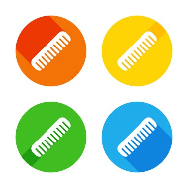 tarak, saç fırçası. basit siluet. Renkli daireler arka plan düz beyaz simgesi. Dört farklı uzun gölgeler her köşe