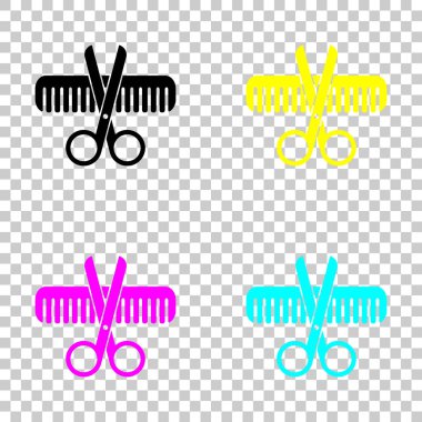 Makas ve saç fırçası. Berberin çapraz Araçlar. Cmyk simgeleri şeffaf arka plan üzerinde renkli dizi