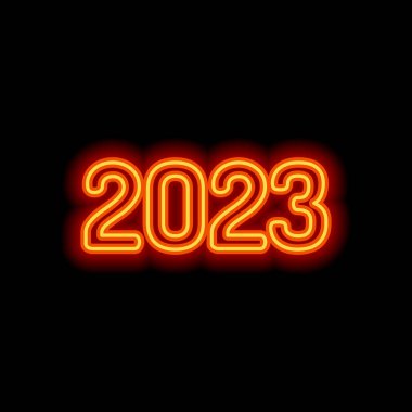 2023 sayı simgesi. Yeni Yılınız Kutlu Olsun. Siyah arka plan üzerine portakal neon tarzı. Işık simgesi