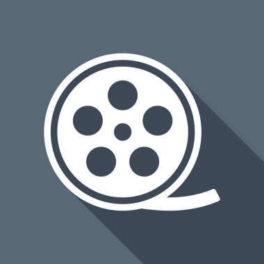 Filmi oynatın, eski film şeridi simgesi, sinema logo. Uzun Gölge mavi zemin üzerine beyaz düz simgesi