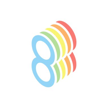 Sayı 8, sayısal, basit mektup. Beyaz arka plan üzerinde renkli izometrik simgeler yığını