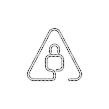 Uyarı üçgeni içinde kilitle. İnce anahat ile doğrusal simgesi. Bir çizgi stili. Noktalı anahat siluet gölge beyaz arka plan üzerinde