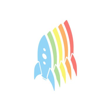 Roket fırlatma simgesi. Beyaz arka plan üzerinde renkli izometrik simgeler yığını