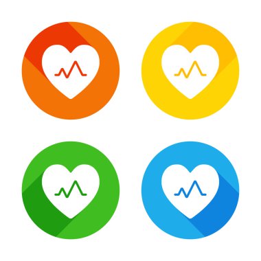 kalp atım. kalp ve nabız hattı. basit tek simge. Renkli daireler arka plan düz beyaz simgesi. Dört farklı uzun gölgeler her köşe