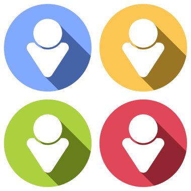 Basit erkek sembolü. Adam simgesi. Mavi, turuncu, yeşil ve kırmızı renkli daireler uzun gölge ile beyaz simgeler kümesi. Etiket tarzı