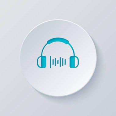 Kulaklık ve müzik dalgası. Orta ses düzeyi. Basit simgesi. Gri ve mavi katmanları ile daire kes. Kağıt tarzı