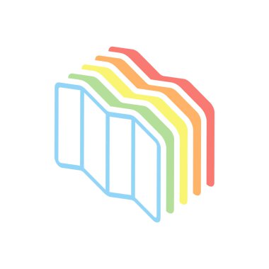 Basit harita simgesi. Doğrusal sembolü ile ince anahat. Beyaz arka plan üzerinde renkli izometrik simgeler yığını