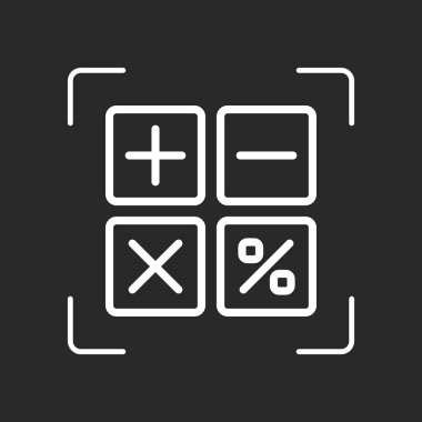 basit hesap makinesi simge. Beyaz nesne kamera otomatik odaklama koyu arka plan üzerinde