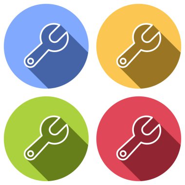 Basit anahtar. Doğrusal, ince anahat. Mavi, turuncu, yeşil ve kırmızı renkli daireler uzun gölge ile beyaz simgeler kümesi. Etiket tarzı