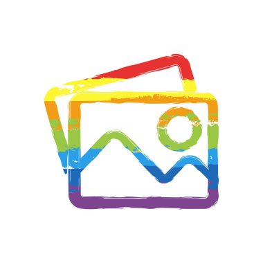 Birkaç dağlar ve güneş ile fotoğraf yığını. Basit doğrusal simgesi. Çizim işaretiyle Lgbt stil, gökkuşağı (kırmızı, turuncu, sarı, yeşil, mavi, Indigo, menekşe, yedi renk