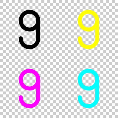 Sayı dokuz, sayısal, basit mektup. Cmyk simgeleri şeffaf arka plan üzerinde renkli dizi