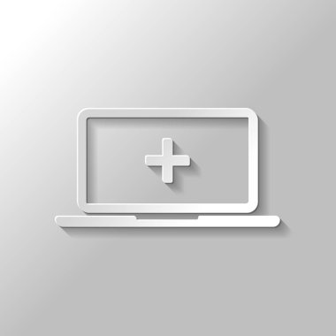 Laptop ya da defter bilgisayar ekranında Tıbbi çapraz. Basit simgesi. Kağıt tarzı ile gölge gri arka plan üzerinde