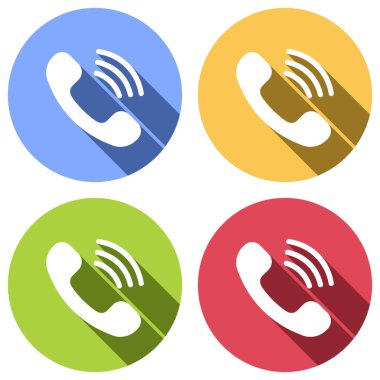 Zil telefon simgesi. Retro sembolü. Mavi, turuncu, yeşil ve kırmızı renkli daireler uzun gölge ile beyaz simgeler kümesi. Etiket tarzı