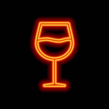 Şarap kadehi. Doğrusal, ince anahat. Siyah arka plan üzerine portakal neon tarzı. Işık simgesi