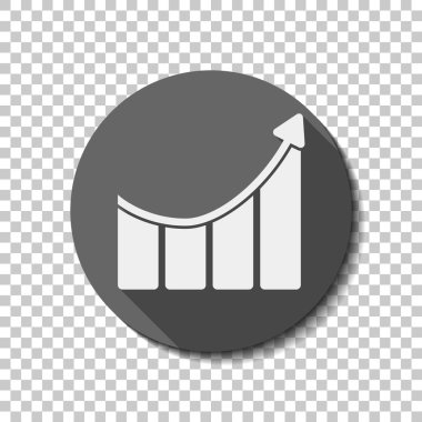 Çubuk grafiği yükselen ok simgesi ile büyüyor. Saydam arka plan üzerinde bir dairede uzun gölge beyaz düz simgesi