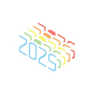 2025 sayı simgesi. Yeni Yılınız Kutlu Olsun. Beyaz arka plan üzerinde renkli izometrik simgeler yığını