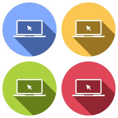 Laptop ya da defter ile ok üstünde perde. Mavi, turuncu, yeşil ve kırmızı renkli daireler uzun gölge ile beyaz simgeler kümesi. Etiket tarzı