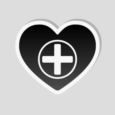 Kalp ve tıbbi çapraz. Basit simgesi. Etiket tarzı ile beyaz ve gri arka plan üzerinde basit gölge