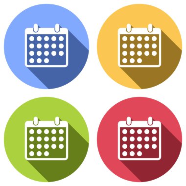 basit takvim simgesini. Mavi, turuncu, yeşil ve kırmızı renkli daireler uzun gölge ile beyaz simgeler kümesi. Etiket tarzı