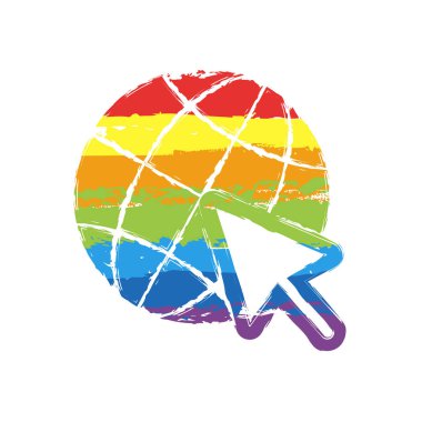 Küre ve ok simgesi. Çizim işaretiyle Lgbt stil, gökkuşağı (kırmızı, turuncu, sarı, yeşil, mavi, Indigo, menekşe, yedi renk