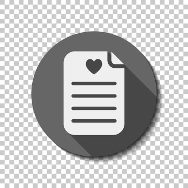 Tıbbi geçmişi veya rapor. En sevdiğiniz metin. Kağıt ve kalp. Saydam arka plan üzerinde bir dairede uzun gölge beyaz düz simgesi. Rozet veya etiket stili