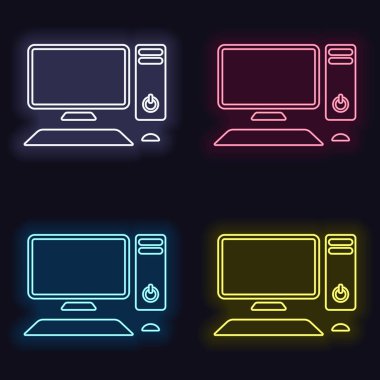 Kişisel bilgisayar, pc. Sistem birimi, monitör, klavye ve fare. Neon işareti kümesi. Koyu arka plan üzerinde casino tarzı. Seamless modeli