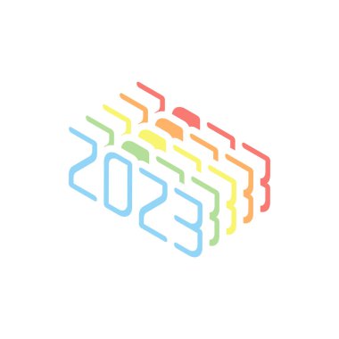 2023 sayı simgesi. Yeni Yılınız Kutlu Olsun. Beyaz arka plan üzerinde renkli izometrik simgeler yığını