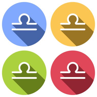 Astrolojik işaret. Terazi basit simgesi. Mavi, turuncu, yeşil ve kırmızı renkli daireler uzun gölge ile beyaz simgeler kümesi. Etiket tarzı