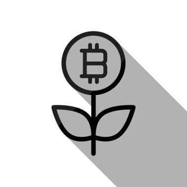 Para çiçek ile bitcoin. Para ağacını. İnce anahat ile doğrusal simgesi. Uzun gölge beyaz arka planda siyah nesnesiyle