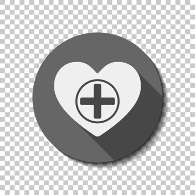 Kalp ve tıbbi çapraz. Basit simgesi. Saydam arka plan üzerinde bir dairede uzun gölge beyaz düz simgesi. Rozet veya etiket stili