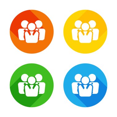 Office insanlar, takım. Renkli daireler arka plan düz beyaz simgesi. Dört farklı uzun gölgeler her köşe