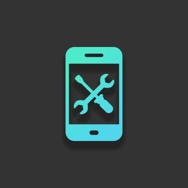 Telefon tamir servisi simgesini. Renkli logo kavramı koyu arka plan üzerinde yumuşak gölge ile. Masmavi okyanus rengini simgesi