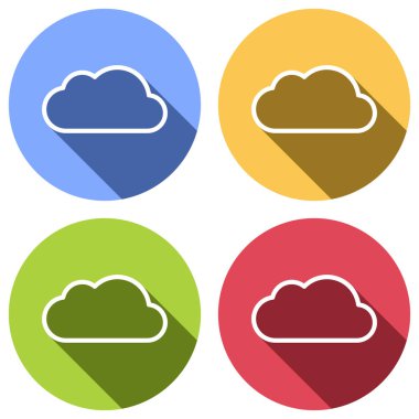 Basit bulut. Doğrusal sembolü ile ince anahat. Mavi, turuncu, yeşil ve kırmızı renkli daireler uzun gölge ile beyaz simgeler kümesi. Etiket tarzı