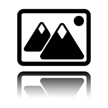 Dağlar ve güneş çift ile hayal et. Basit simgesi. Siyah beyaz arka plan ayna yansıması simgesiyle