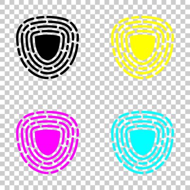 Parmak izi içinde kalkan. Logo özel kimliği korumak. Güvenlik simgesi. Cmyk simgeleri şeffaf arka plan üzerinde renkli dizi