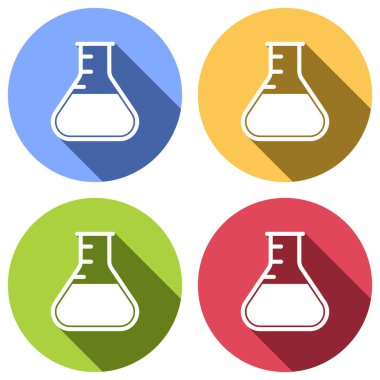 Tıbbi test tüpü. basit siluet. Mavi, turuncu, yeşil ve kırmızı renkli daireler uzun gölge ile beyaz simgeler kümesi. Etiket tarzı