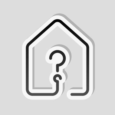 soru işareti simgesi olan ev. çizgi stili. Etiket tarzı ile beyaz ve gri arka plan üzerinde basit gölge
