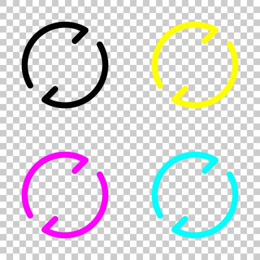 Basit oklar, güncelleştirmek, yeniden yükleyin. Gezinti simgesi. Doğrusal sembolü ile ince bir çizgi. Bir çizgi stili. Cmyk simgeleri şeffaf arka plan üzerinde renkli dizi