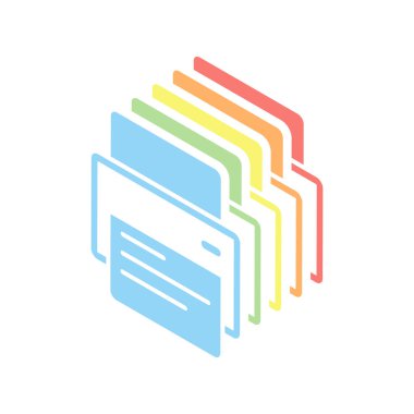 Yazıcı ve kağıt. Beyaz arka plan üzerinde renkli izometrik simgeler yığını