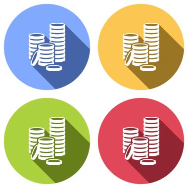 Sikke yığını simgesi. Mavi, turuncu, yeşil ve kırmızı renkli daireler uzun gölge ile beyaz simgeler kümesi. Etiket tarzı