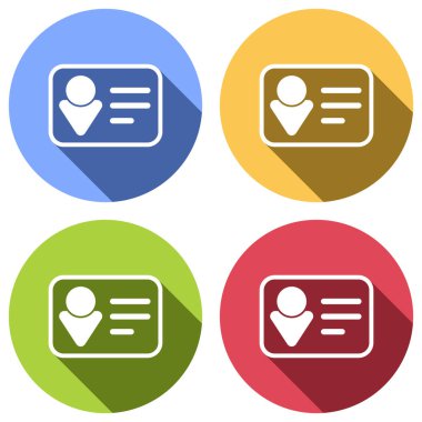 Kimlik kartı simgesi. Doğrusal tarzı. Mavi, turuncu, yeşil ve kırmızı renkli daireler uzun gölge ile beyaz simgeler kümesi. Etiket tarzı