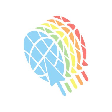 Küre ve ok simgesi. Beyaz arka plan üzerinde renkli izometrik simgeler yığını