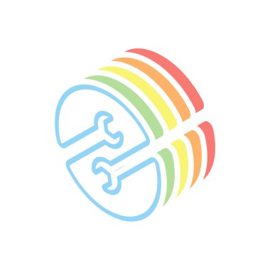 Onarım Servisi. Doğrusal, ince anahat. Beyaz arka plan üzerinde renkli izometrik simgeler yığını