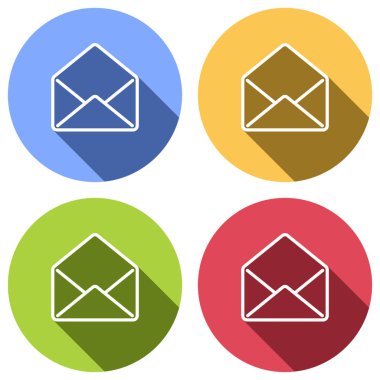 posta açık simgesi. Mavi, turuncu, yeşil ve kırmızı renkli daireler uzun gölge ile beyaz simgeler kümesi. Etiket tarzı