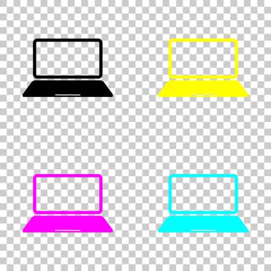 Laptop ya da defter bilgisayar kutsal kişilerin resmi. Cmyk simgeleri şeffaf arka plan üzerinde renkli dizi