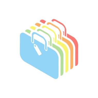 seyahat çantası, Bagaj, dava. Beyaz arka plan üzerinde renkli izometrik simgeler yığını