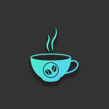 bir fincan sıcak kahve simgesi. Renkli logo kavramı koyu arka plan üzerinde yumuşak gölge ile. Masmavi okyanus rengini simgesi